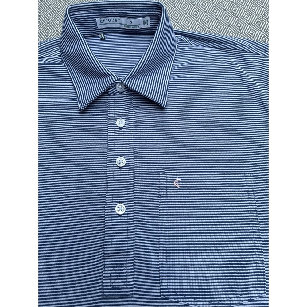 Criquet Mens Small Blue White Striped Short Sleeve Stretch Polo Golf Preppy